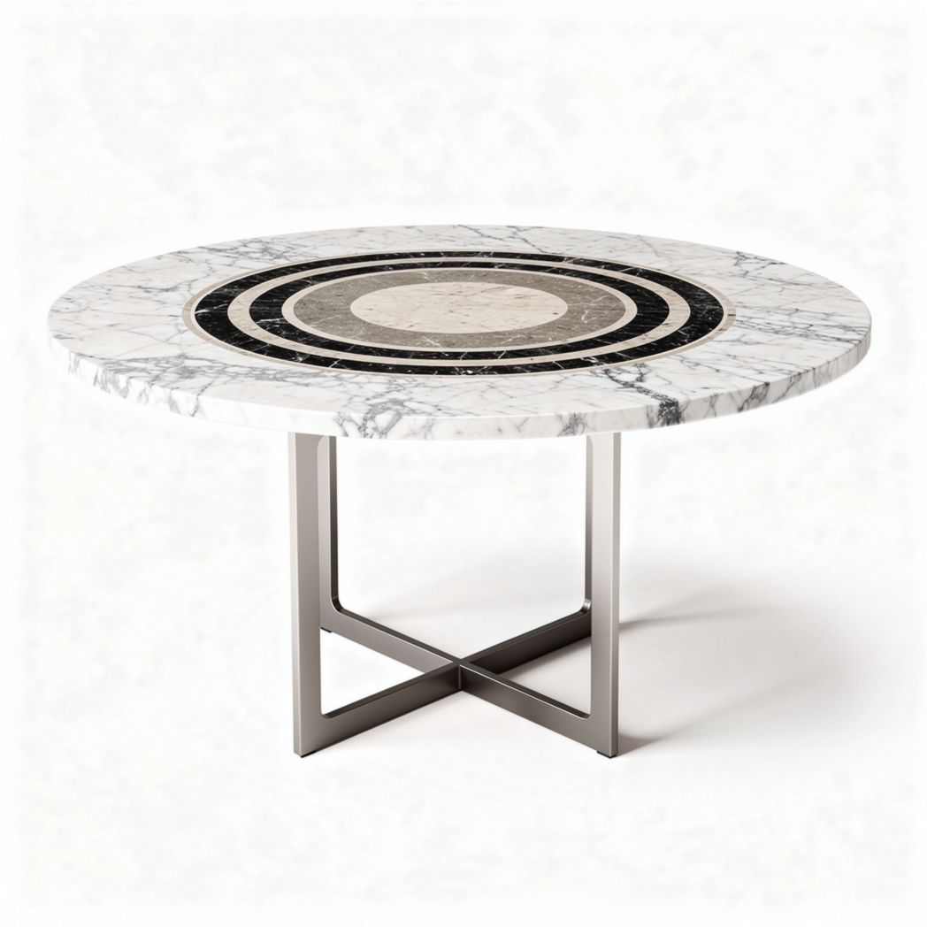 Table ronde en marbre blanc avec pied en acier inoxydable 150 x 150 x 75cm