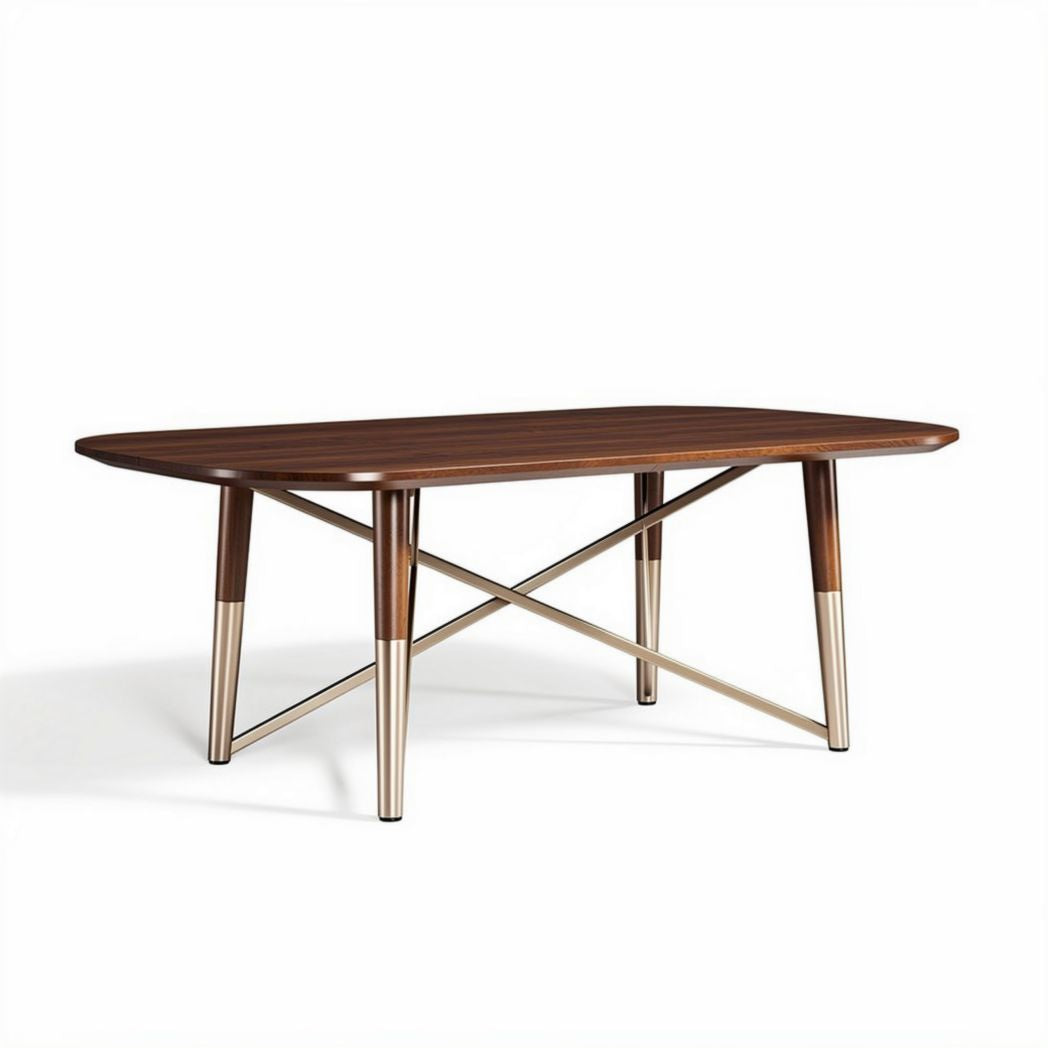 Table rectangulaire en bois foncé dimensions 150 x 80 x 75cm avec pieds en métal argenté