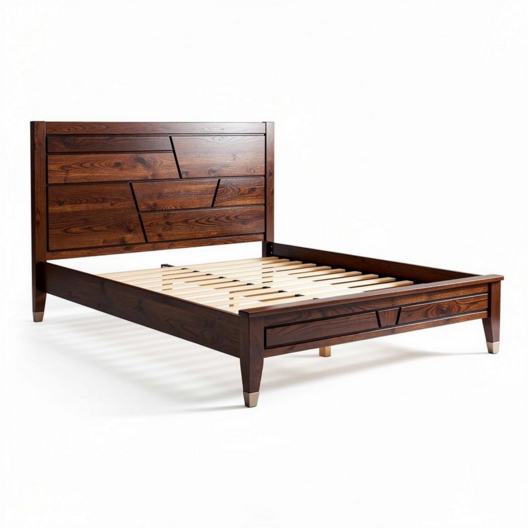 Lit en bois de chêne massif couleur brun 200 x 160 x 100cm avec rangement intégré
