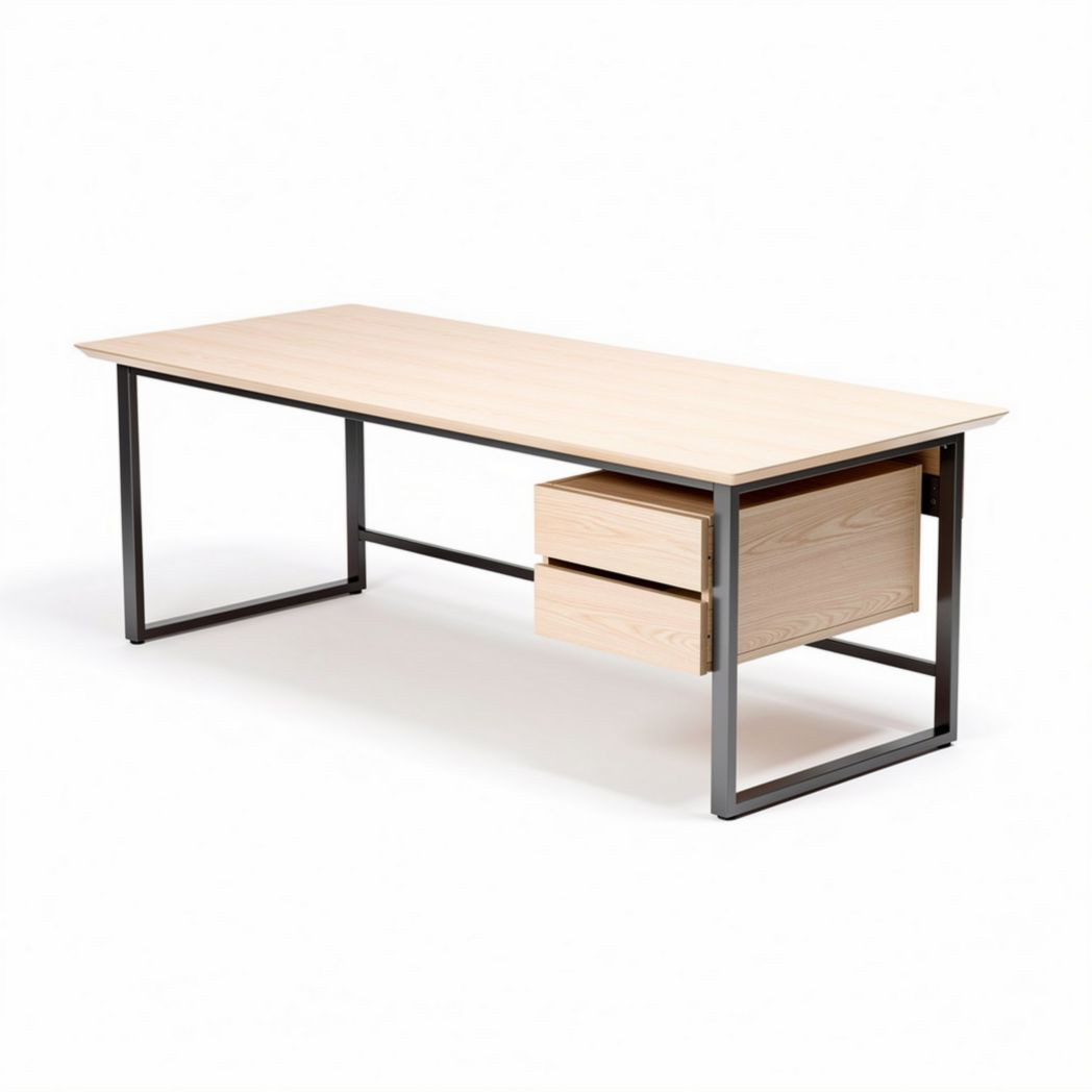 Bureau en bois clair avec structure en métal et tiroir 150 x 75 x 75cm