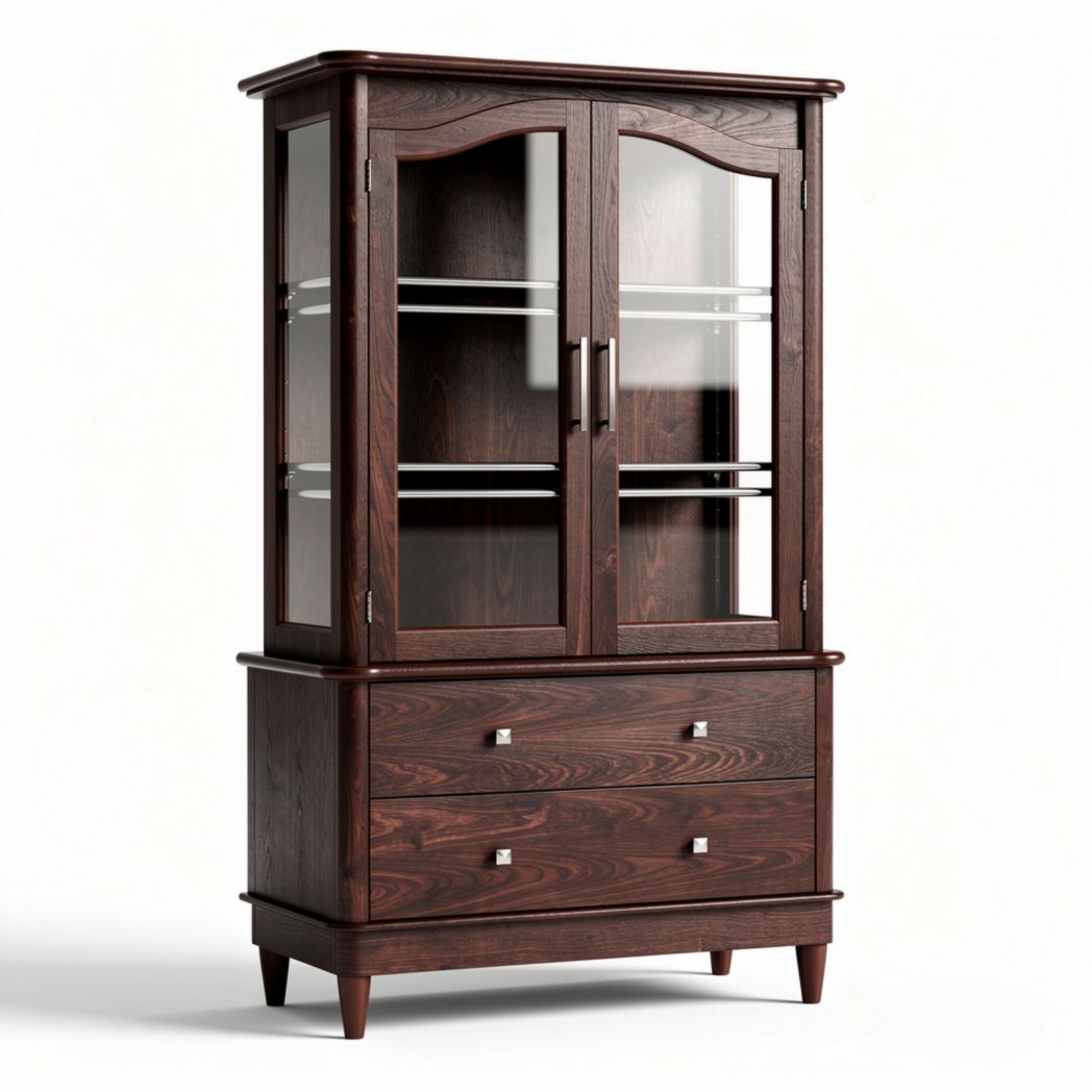 Vitrine en bois foncé avec tiroirs et étagères en verre 80 x 40 x 180cm