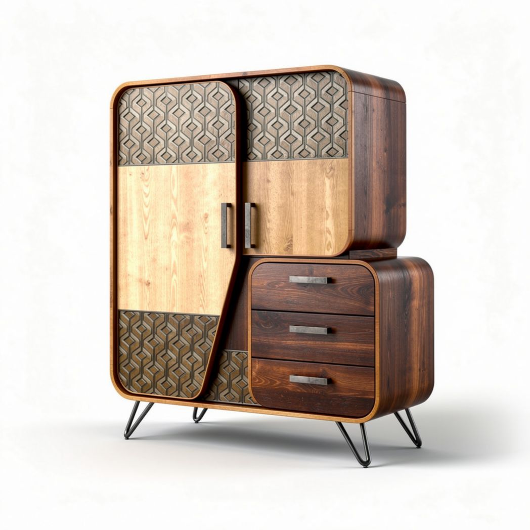 Armoire en bois avec motifs géométriques et tiroirs intégrés 150 x 80 x 200cm